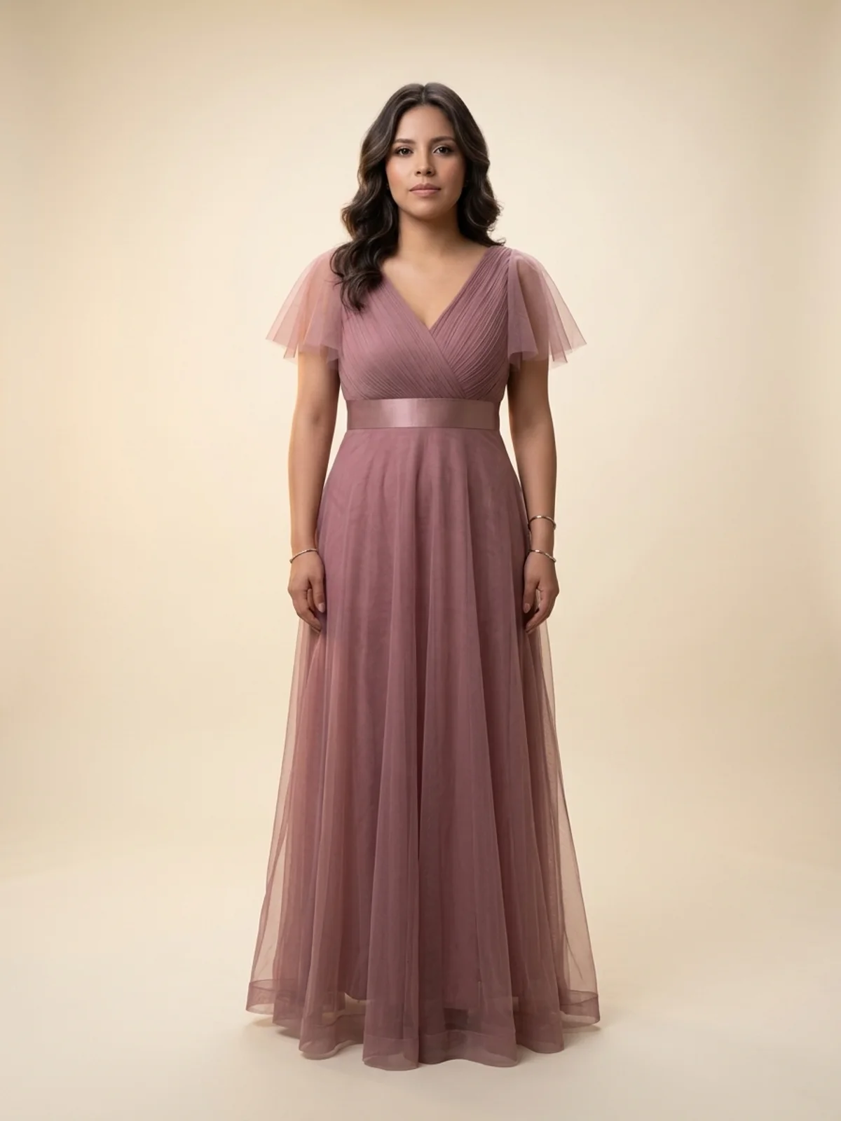 Vestido en renta: #106 Vestido romántico palo de rosa en tul con mangas mariposa frente