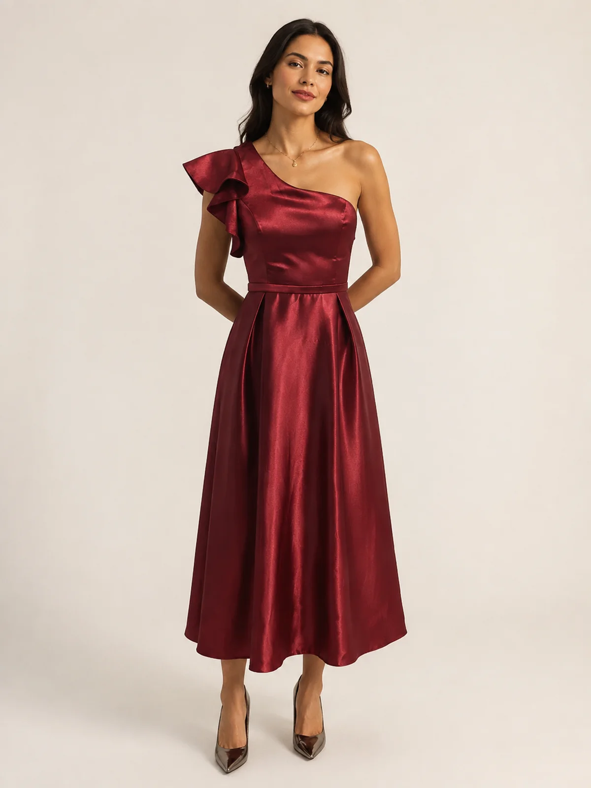 Vestido en renta: #127 Vestido línea a en satén vino borgoña frente