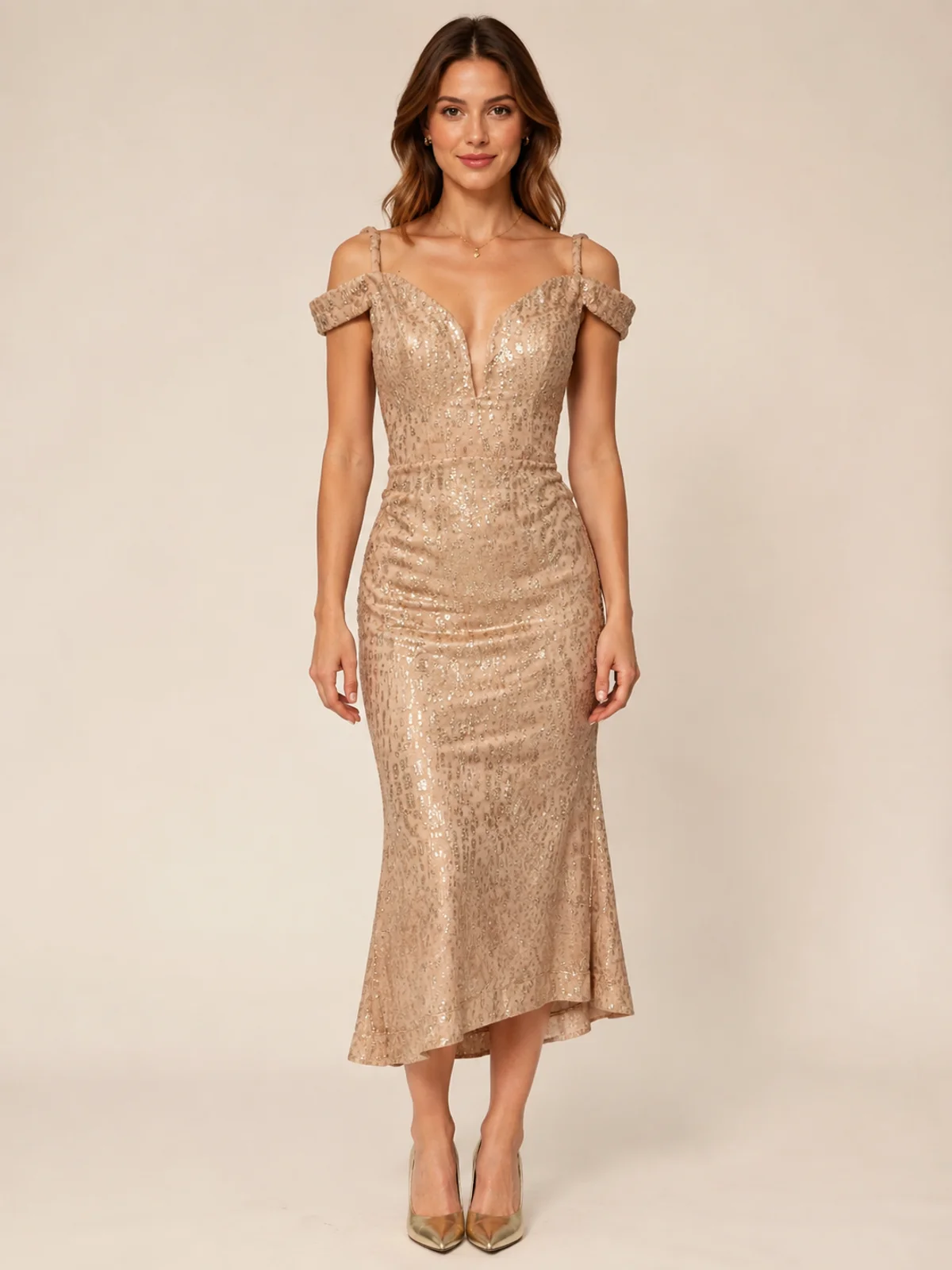 Vestido en renta: #131 Vestido drapeado de gala cobre metálico frente