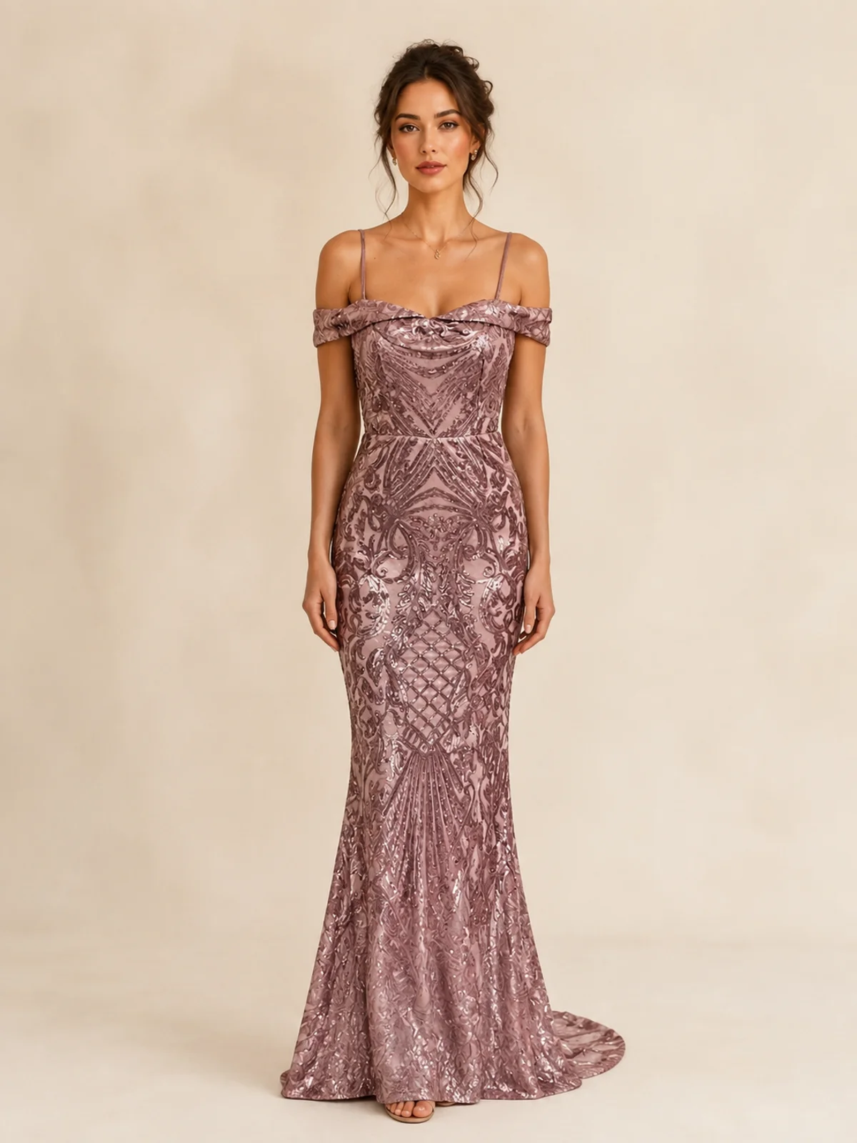 Vestido en renta: #132 Vestido escote bardot plata titanio frente
