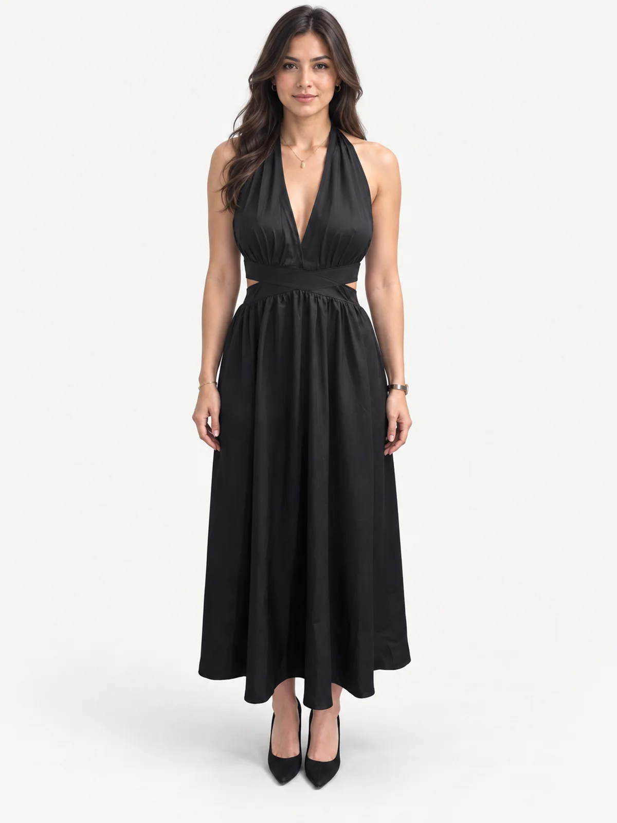 Vestido en renta: #167 Vestido línea a en satén negro noche frente