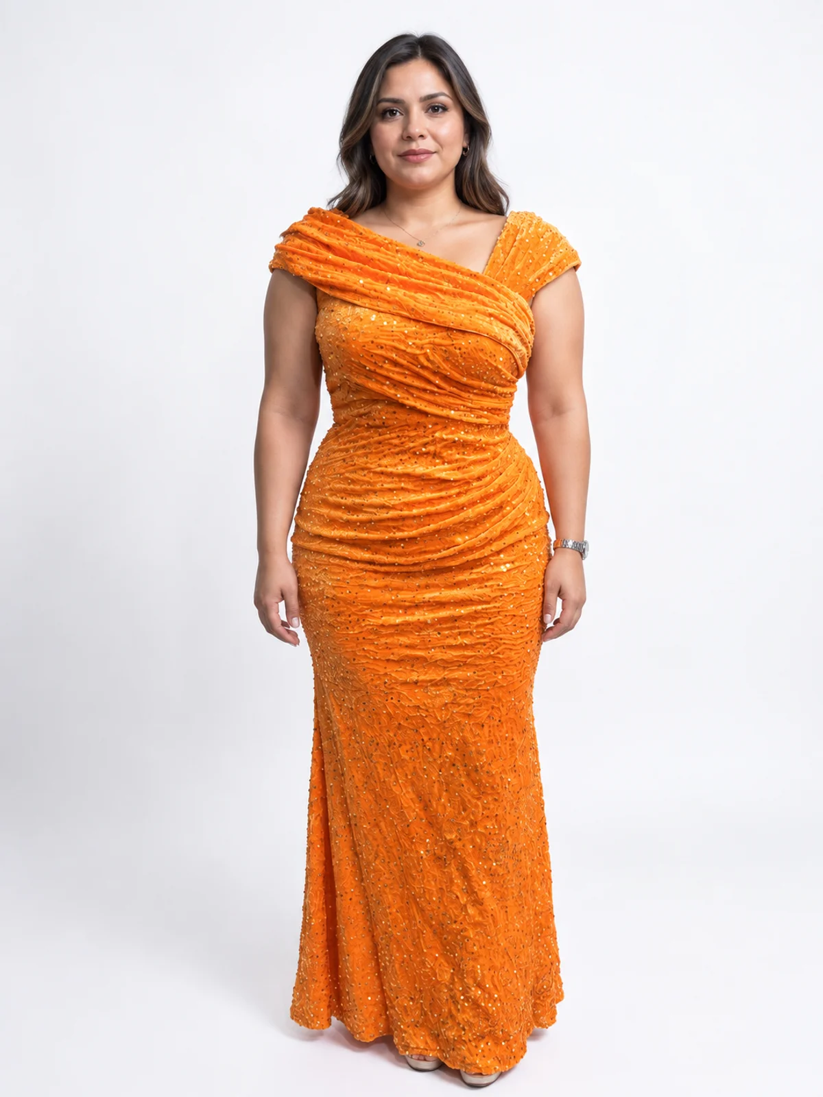 Vestido #168 Vestido sirena coral vibrante en renta en Monterrey frente