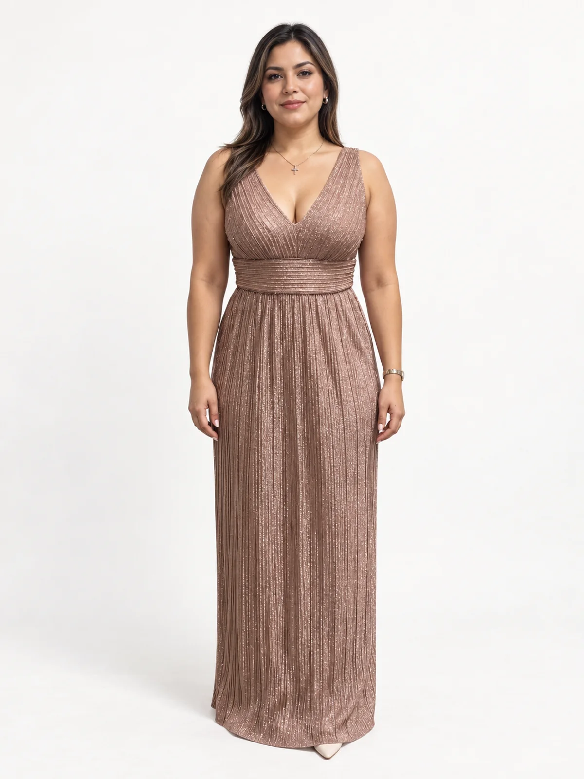 Vestido #179 Vestido drapeado de gala cobre metálico en renta en Monterrey frente