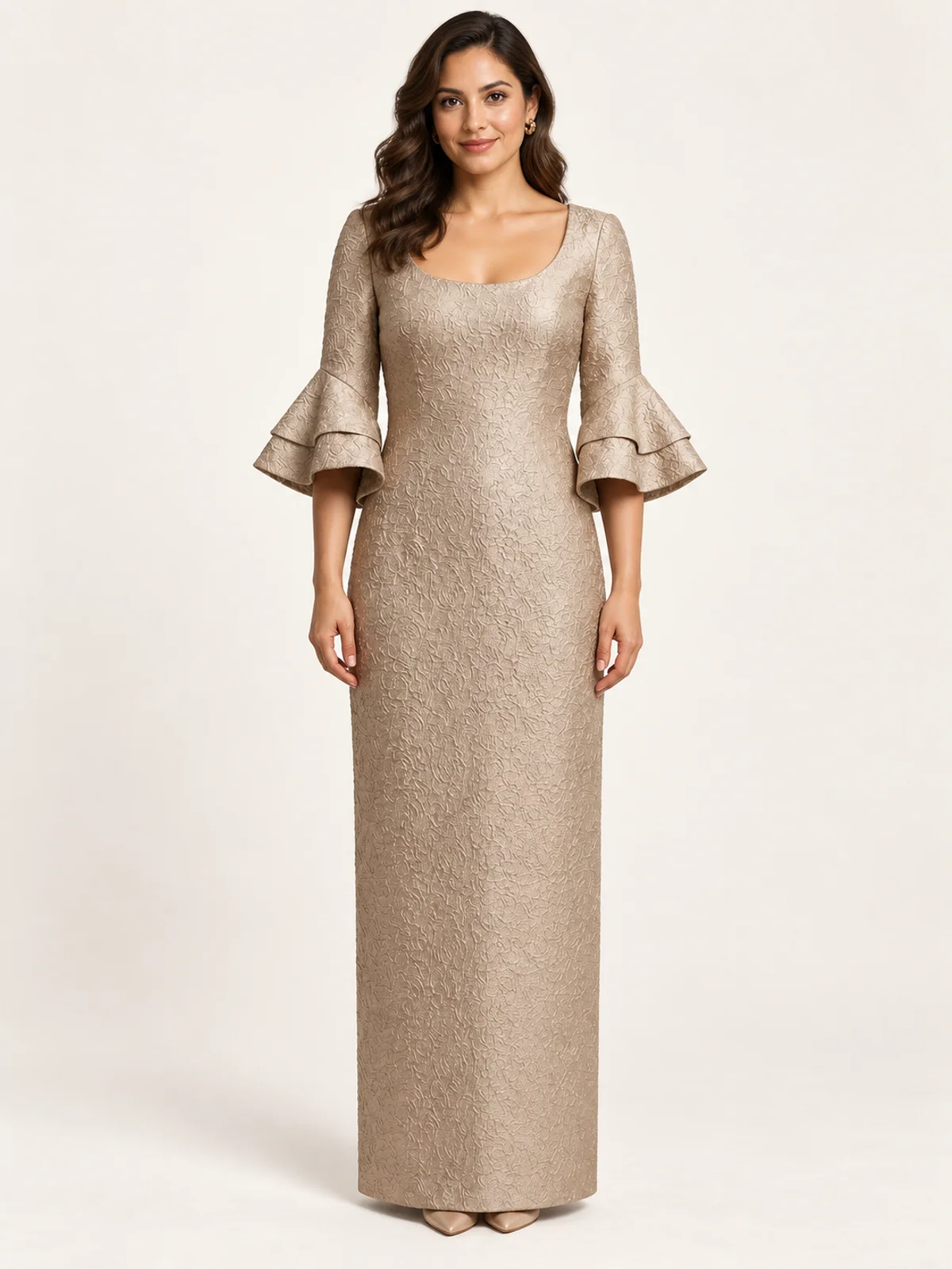 Vestido #180 Vestido escote bardot cobre metálico en renta en Monterrey frente