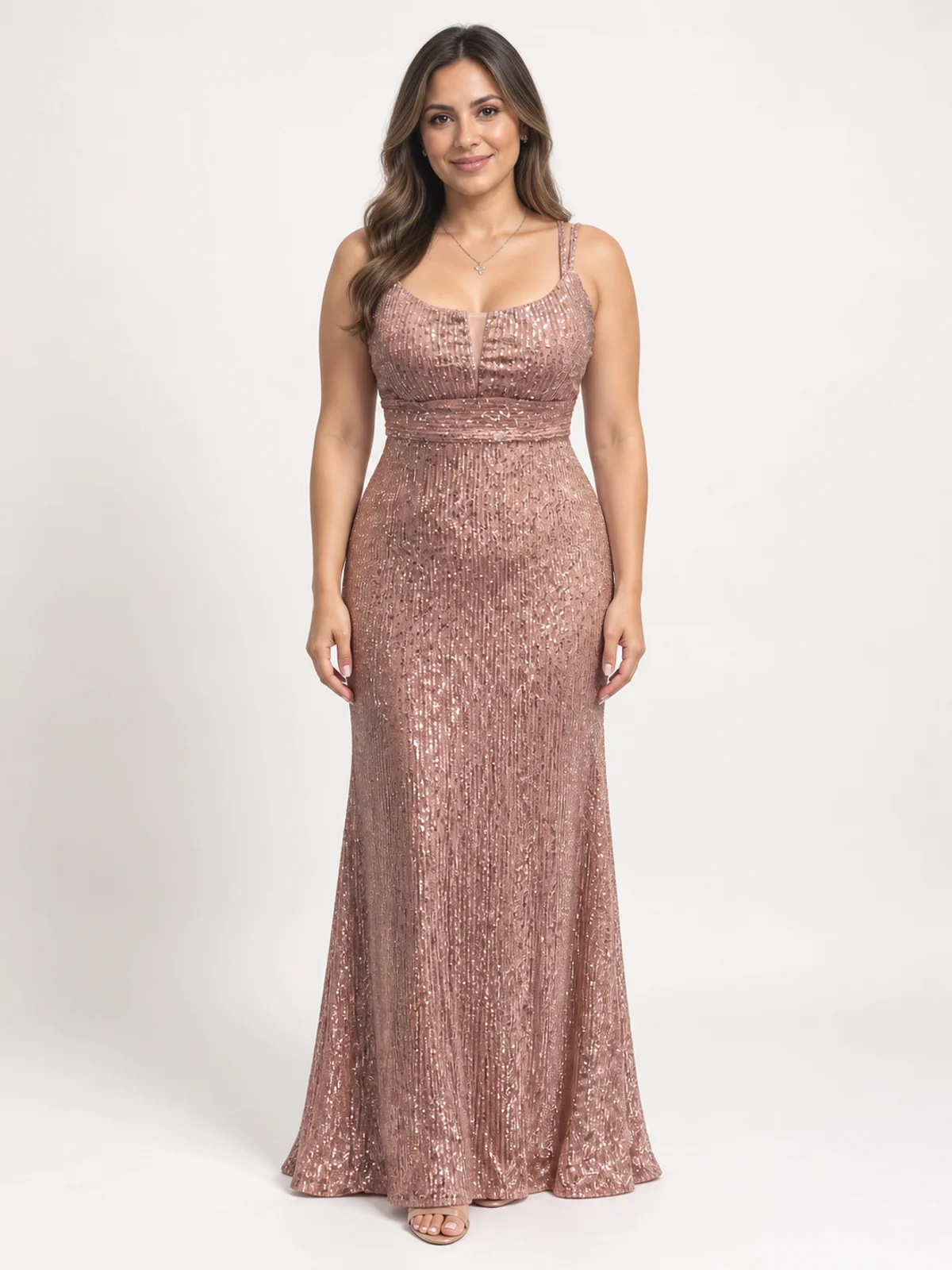 Vestido en renta: #186 Vestido columna con abertura cobre metálico frente
