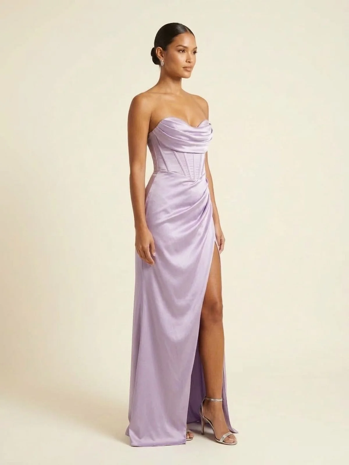 Vista de perfil 65° de #196 Vestido escote bardot plata titanio