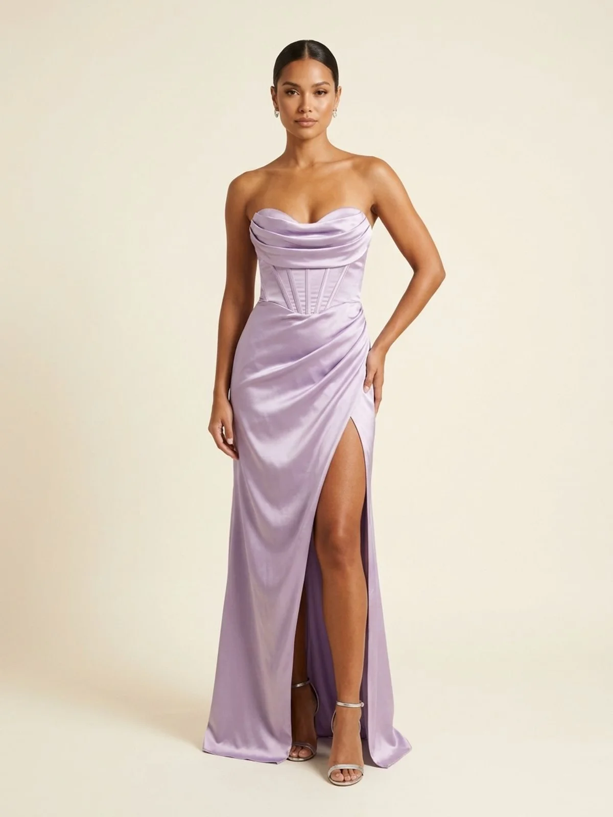 Vestido en renta: #196 Vestido escote bardot plata titanio frente