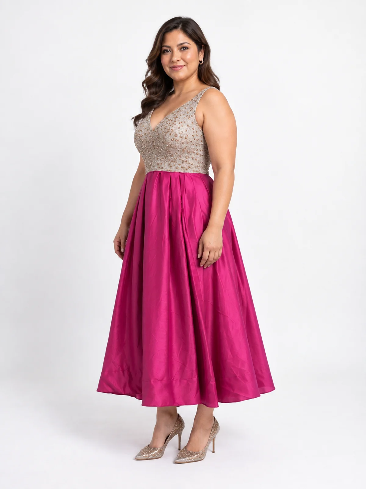 Vista de perfil 65° de #200 Vestido sirena rosa fucsia gala