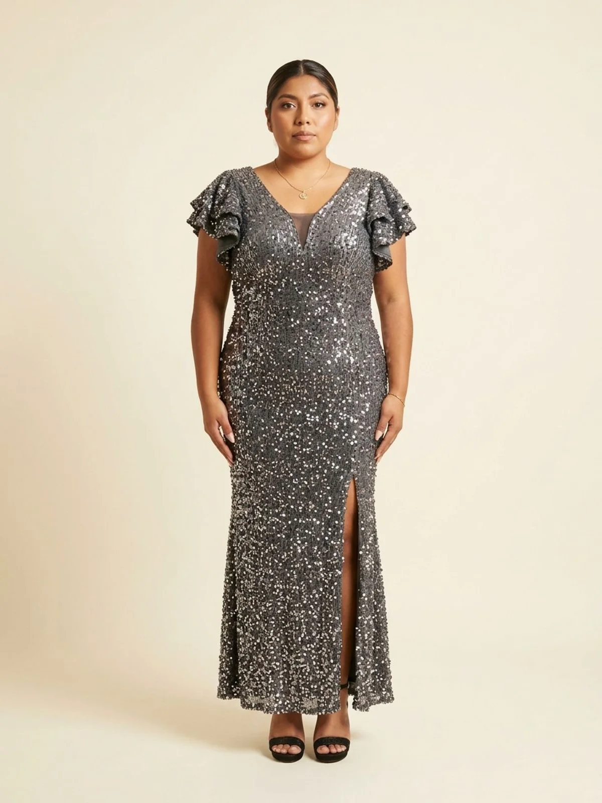 Vestido #217 Vestido princesa plata titanio en renta en Monterrey frente