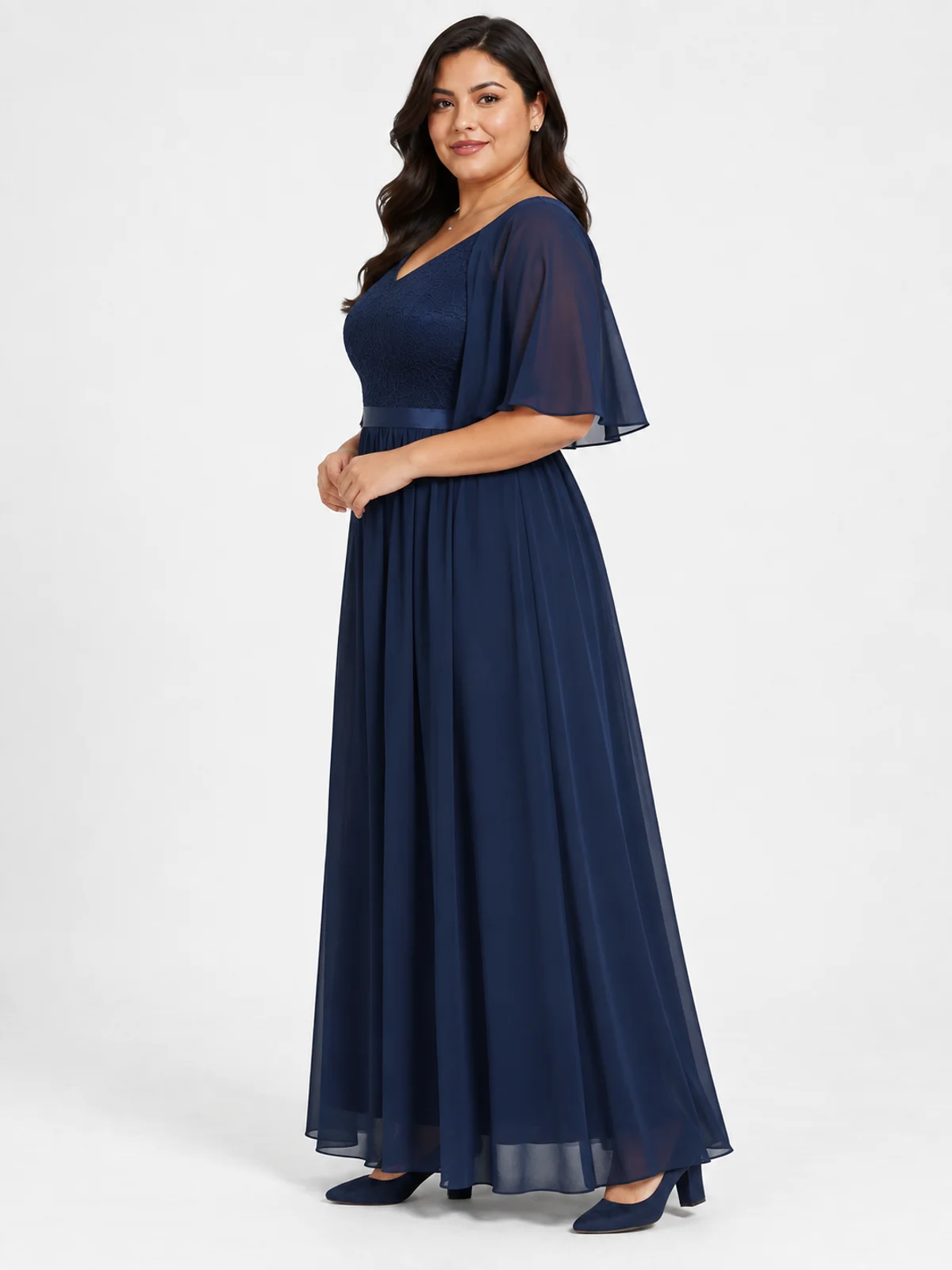 Vista de perfil 65° de #228 Vestido escote bardot azul marino titanio