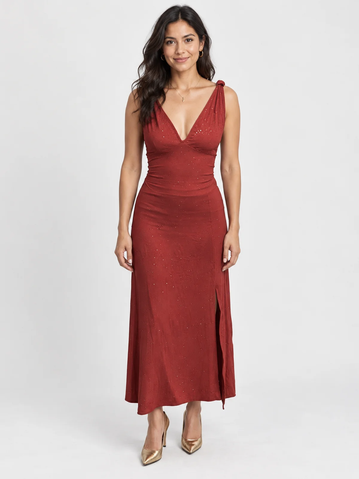 Vestido en renta: #260 Vestido escote bardot vino borgoña frente